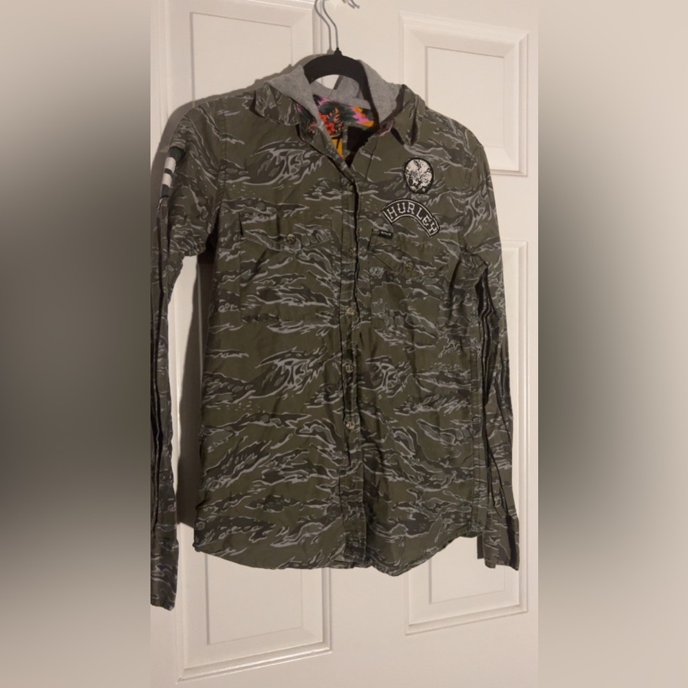 Hurley Camo Hooded Button Down Shacket Jacket